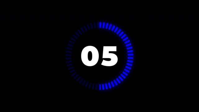 Simple blue circular countdown timer from 09 to 00 with white digits and a filling progress ring on a black background for motion graphics and video overlays