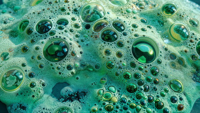 Close-up of vibrant green foam with large and small bubbles