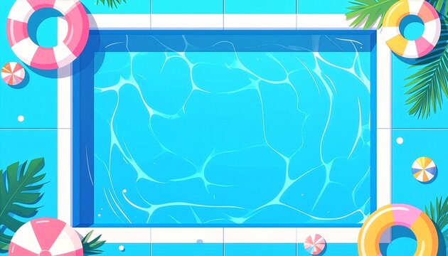 Swimming pool top view flat illustration with inflatable rings and palm leaves, summer concept