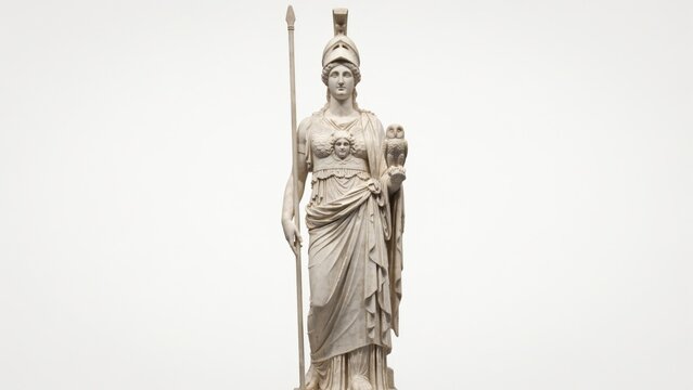 Classical Athena statue with spear and owl, ancient Greek goddess sculpture in white marble, mythological figure for history and education