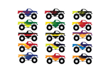 Set of fifteen monster truck with diverse flame decals and black tires isolated on a plain white background © Shawat
