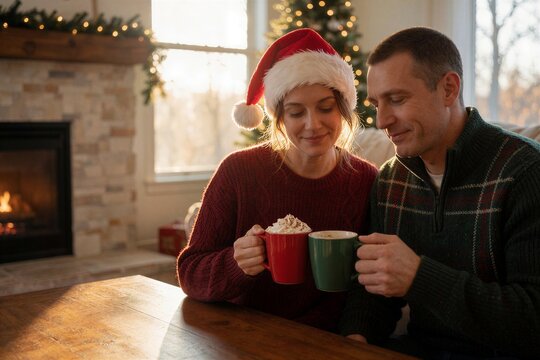 Couple enjoying Christmas hot chocolate after baking, sharing a cozy moment by a fireplace with warm, festive ambiance.