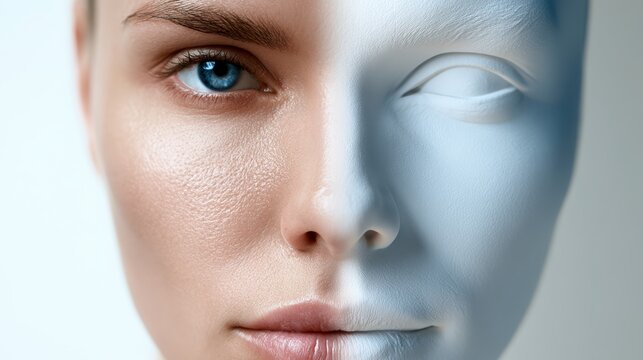 Fictional human face split between natural skin and abstract depth - map visualization
