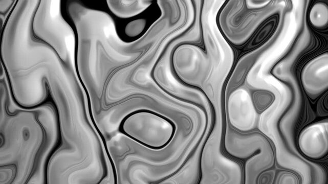 Monochrome liquid silver marble background. Abstract metallic fluid mercury texture backdrop. Shiny chrome wavy swirl pattern animation.