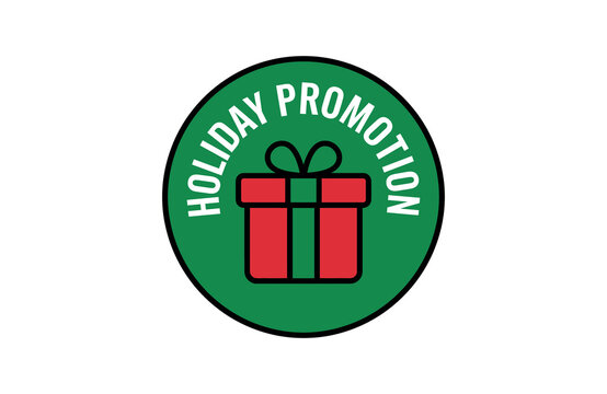 Green circular badge with holiday promotion text and red gift box icon for seasonal sales