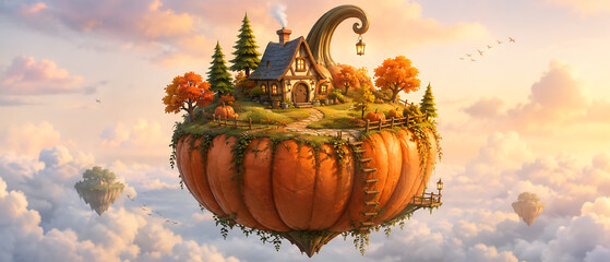 Fototapeta premium Whimsical Pumpkin City Fantasy – Magical Autumn Halloween Village with Glowing Pumpkin Houses