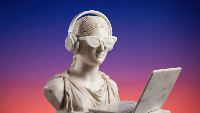 Vaporwave aesthetic greek statue with headphones and sunglasses, classical marble bust using laptop, retro synthwave art style