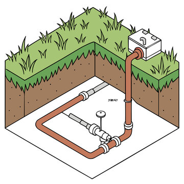 Isometric illustration of an underground water pipe system with a valve and pump connection in the soil cross section