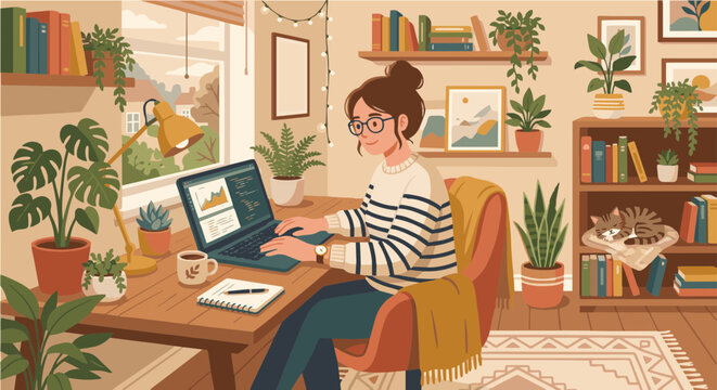 Productive remote work concept vector icon featuring a woman at a laptop in a vibrant, plant-filled home office, illustrating modern freelance lifestyle