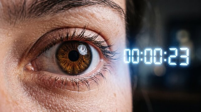 Close up of a human eye with a digital timer displaying 00 00 23 in blue light