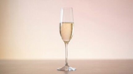 Obraz premium A single flute glass filled with sparkling champagne with tiny bubbles rising against a soft gradient background