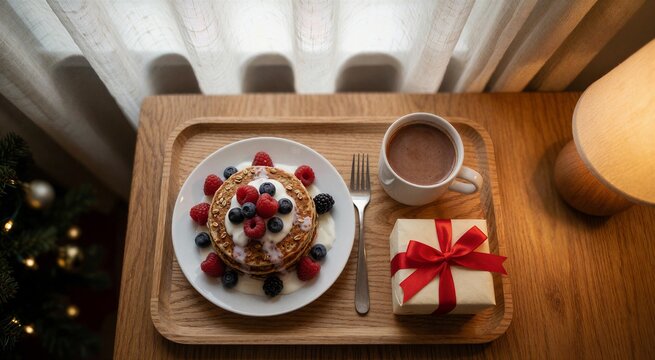 Holiday Christmas breakfast scene featuring pancakes, berries, and a gift on a wooden tray.