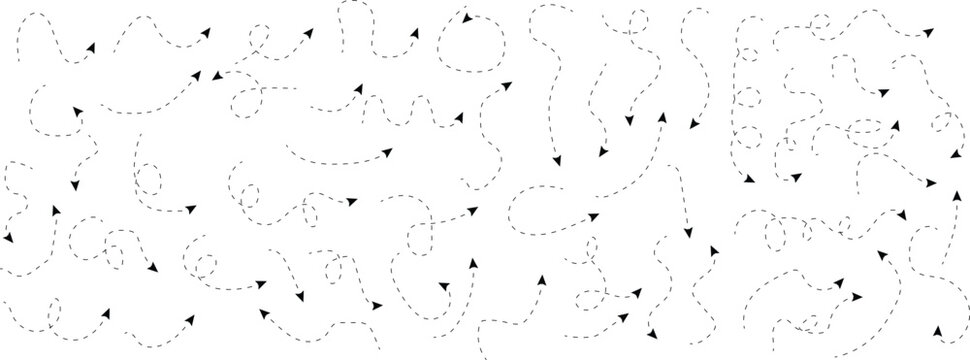  Curved dotted arrow. Zigzag arrow stripes design with dotted lines. Dot line path route. Hand-drawn dash arrow collection. Set of squiggle line dashed arrows