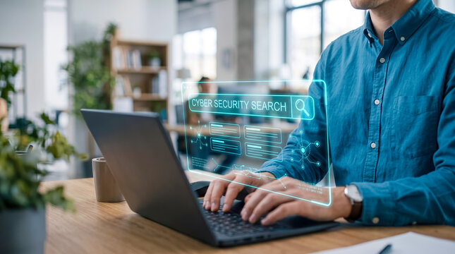 Professional working on cybersecurity search using laptop in modern office setting