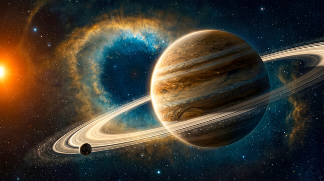 Realistic digital illustration of a gas giant planet with rings orbiting a nebula in space