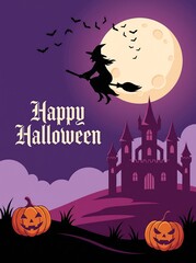 Fototapeta premium Happy halloween poster with castle and witch flying on broomstick in full moon night