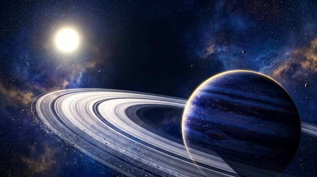 Stunning gas giant planet with luminous rings orbiting in deep cosmic space near a bright star