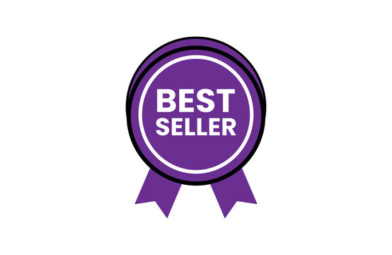 Purple best seller badge graphic with ribbons and white text sales tag promotional label isolated