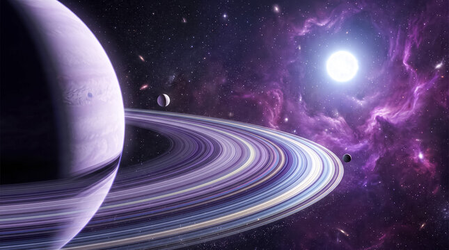 Stunning cosmic scene featuring ringed planet with vibrant nebula and distant stars in deep space