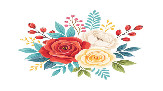 A bouquet of roses and flowers with red white yellow roses green leaves colorful