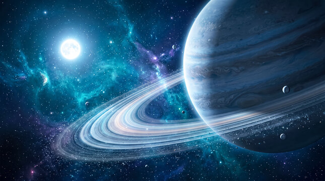 Stunning ringed planet with glowing cosmic rings and distant stars in deep space illustration