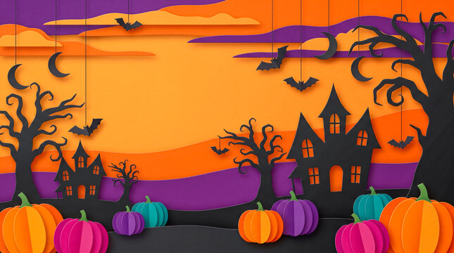 Vibrant Halloween-themed background featuring pumpkins, haunted houses, bats, and autumn trees under a moonlit sky