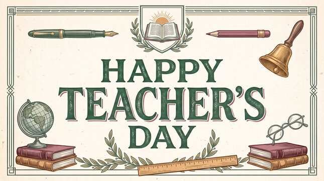 Vintage-style Happy Teacher's Day celebration poster with educational icons and decorative elements