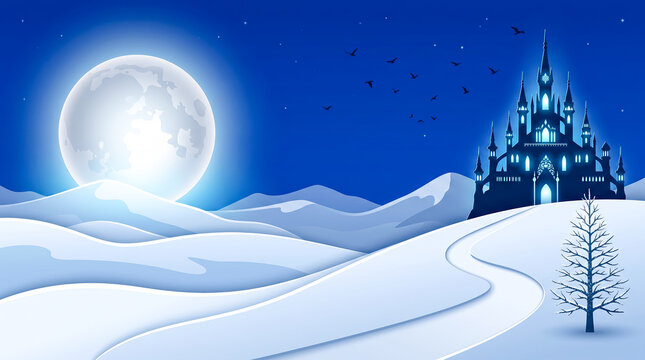 Whimsical fantasy castle under a glowing full moon in a snowy winter wonderland landscape