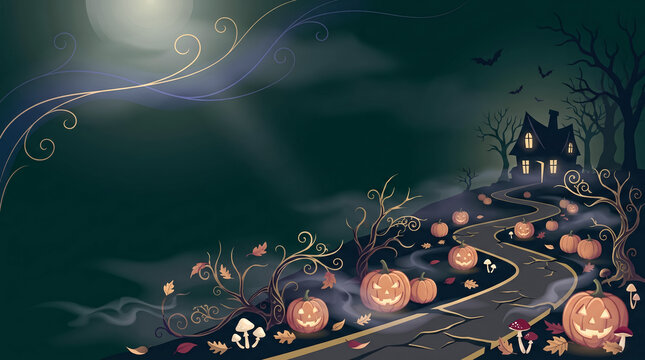 Whimsical Halloween pathway with carved pumpkins, haunted house, and mystical forest glow under moonlight