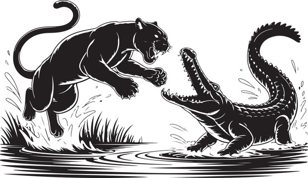 Tiger and crocodile fight silhouette vector illustration of a swamp death struggle