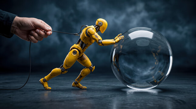 Yellow robotic figure pushing large transparent glass sphere on dark background