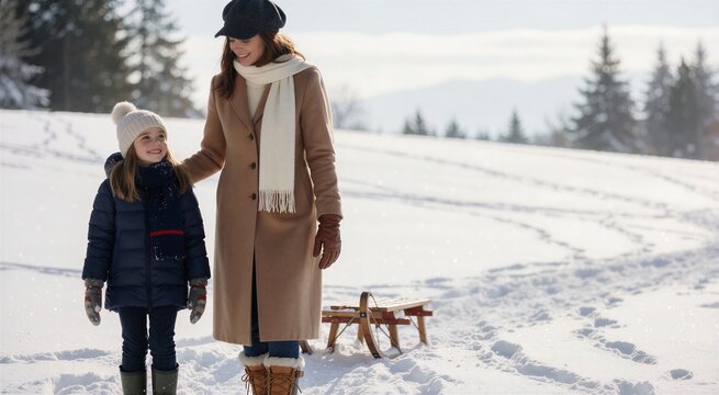 Family enjoying playing in fresh Christmas snow outdoors on a bright winter day with a wooden sled nearby.