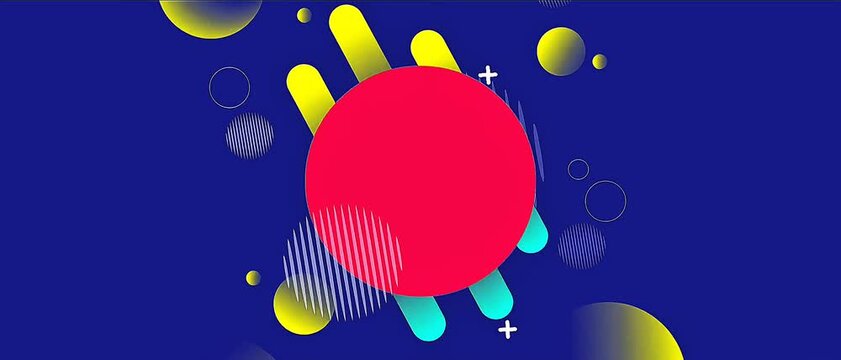 Abstract animated geometric shapes with red circle and yellow spheres on navy background