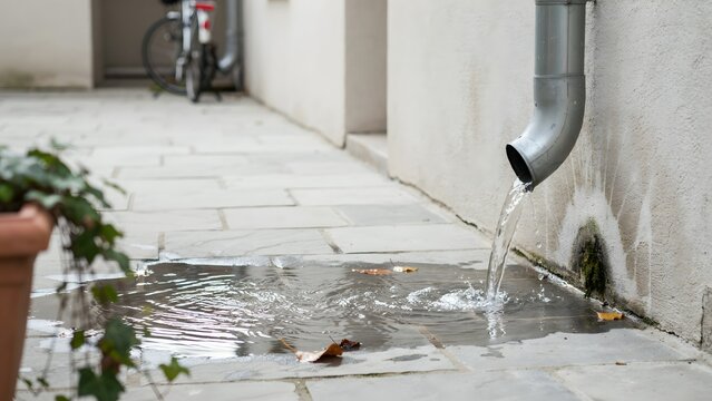Water Flowing from Downspout into Puddle on Urban Pavement