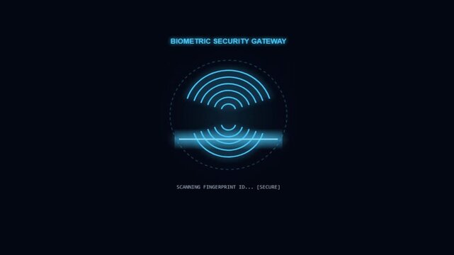 Glowing biometric security gateway fingerprint scanner UI animation with scanning ID message against a dark background motion graphic loop