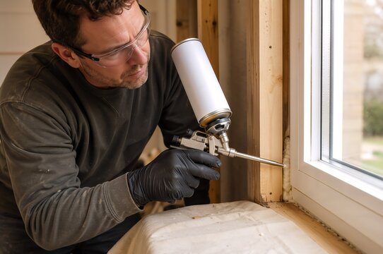 Male construction worker installing insulation around a window frame. Home weatherproofing and thermal efficiency renovation for winter preparation. Building maintenance concept.