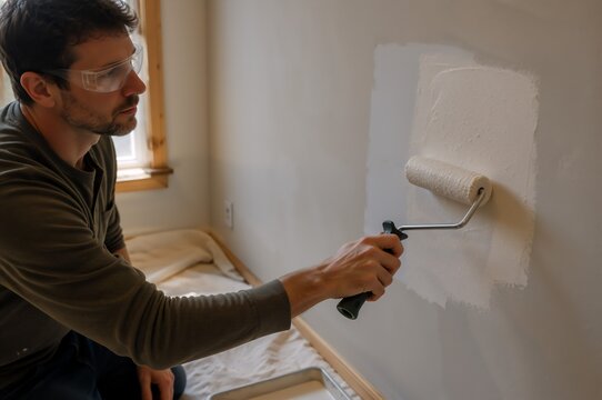 Person painting an interior wall with a roller and brush. Home renovation project with protective clothing, paint tray, masking tape, and fresh room makeover concept.