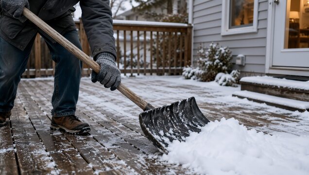 Man clearing snow from a wooden deck with a shovel beside a house. Winter home maintenance and preparation for cold weather, outdoor household chore and seasonal safety concept.