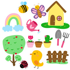 Fototapeta premium A colorful collection of cute garden elements features a rainbow, house, bee, butterfly, watering can, plants, flowers, apple tree, bird, ladybug, fence, and gardening tools together.