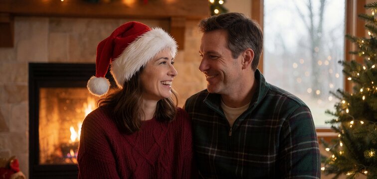 Couple sharing a moment enjoying Christmas hot chocolate after baking by a cozy fireplace with a festive Christmas tree nearby.