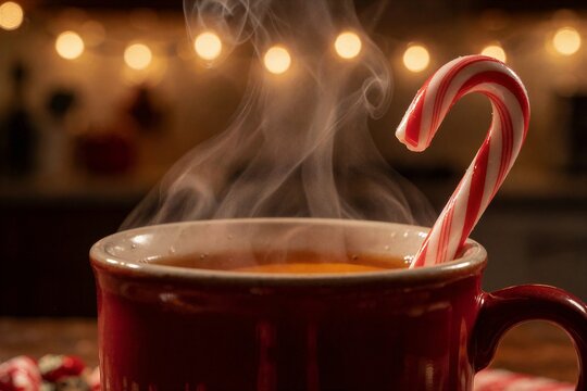 Cozy close-up of a deep red mug filled with hot chocolate, featuring a candy cane stirrer and rising steam, perfect for Christmas baking scenes.