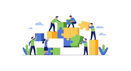 Naklejka premium Business Team Collaborating to Assemble Giant Colorful Jigsaw Puzzle Illustration