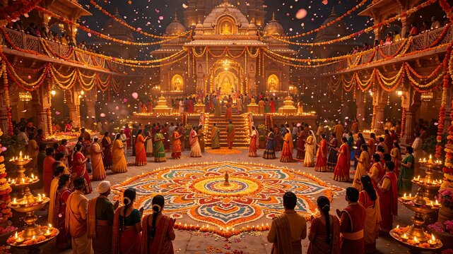 Large Hindu religious ceremony with devotees performing evening prayer rituals at ornate temple altar