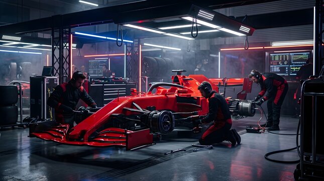 Pit crew mechanics team working on red Formula 1 car inside garage workshop during race pit stop
