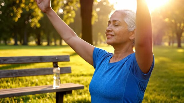 Senior woman stretches arms in park at sunset with golden light. Mature female exercises outdoors near bench. Senior stretching in park. Woman does arm stretch at sunset with outdoor exercise.