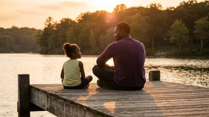 Fototapeta premium African American Father and Daughter Bonding on a Lake Pier at Sunset