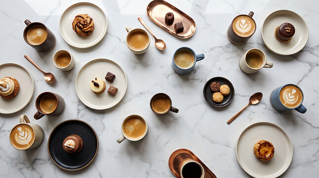 Top view of coffee cups and sweet desserts served on a table for breakfast flat lay