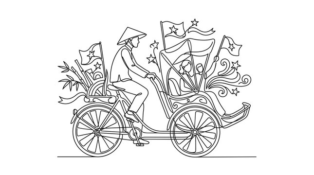 Continuous line drawing of traditional cyclo driver with passengers celebrating festival with flags