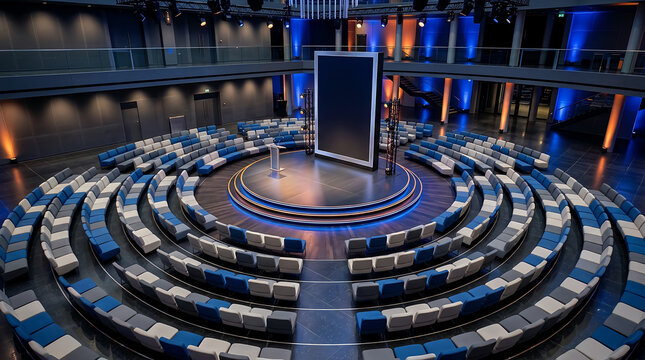 Modern television studio stage with circular audience seating and large central display