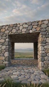 Ancient stone archway frames vast green plains